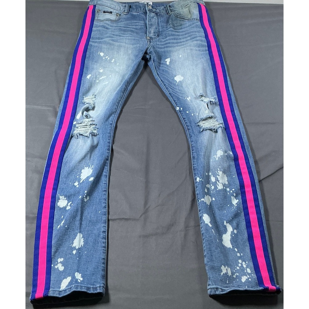 MacKeen Market Distressed Jeans 36 Pink Purple Side Stripe Paint Splatter